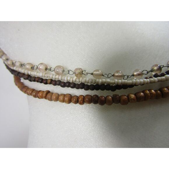 Brown & Cream Bead 4 Tier Collar Necklace 18" Rave Round Oval Boho Cottagecore - Picture 2 of 5